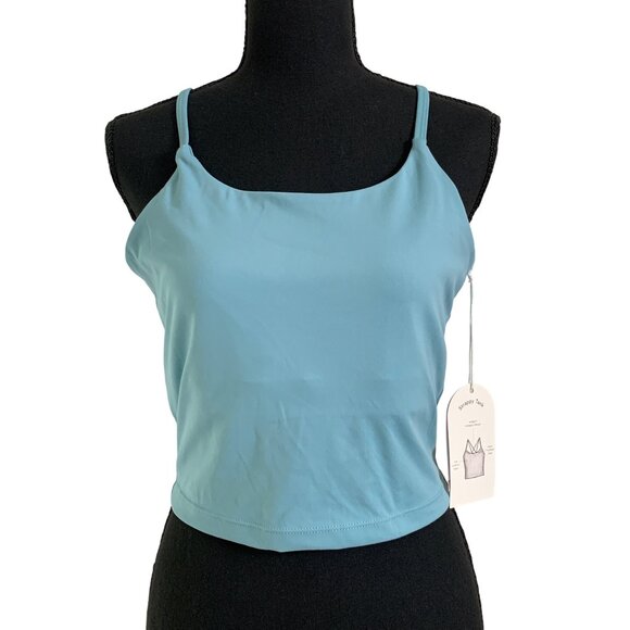 Blogilates Womens Cameo Blue Spaghetti Strap Cropped Tank Top w/ Crisscross Back - Picture 2 of 14